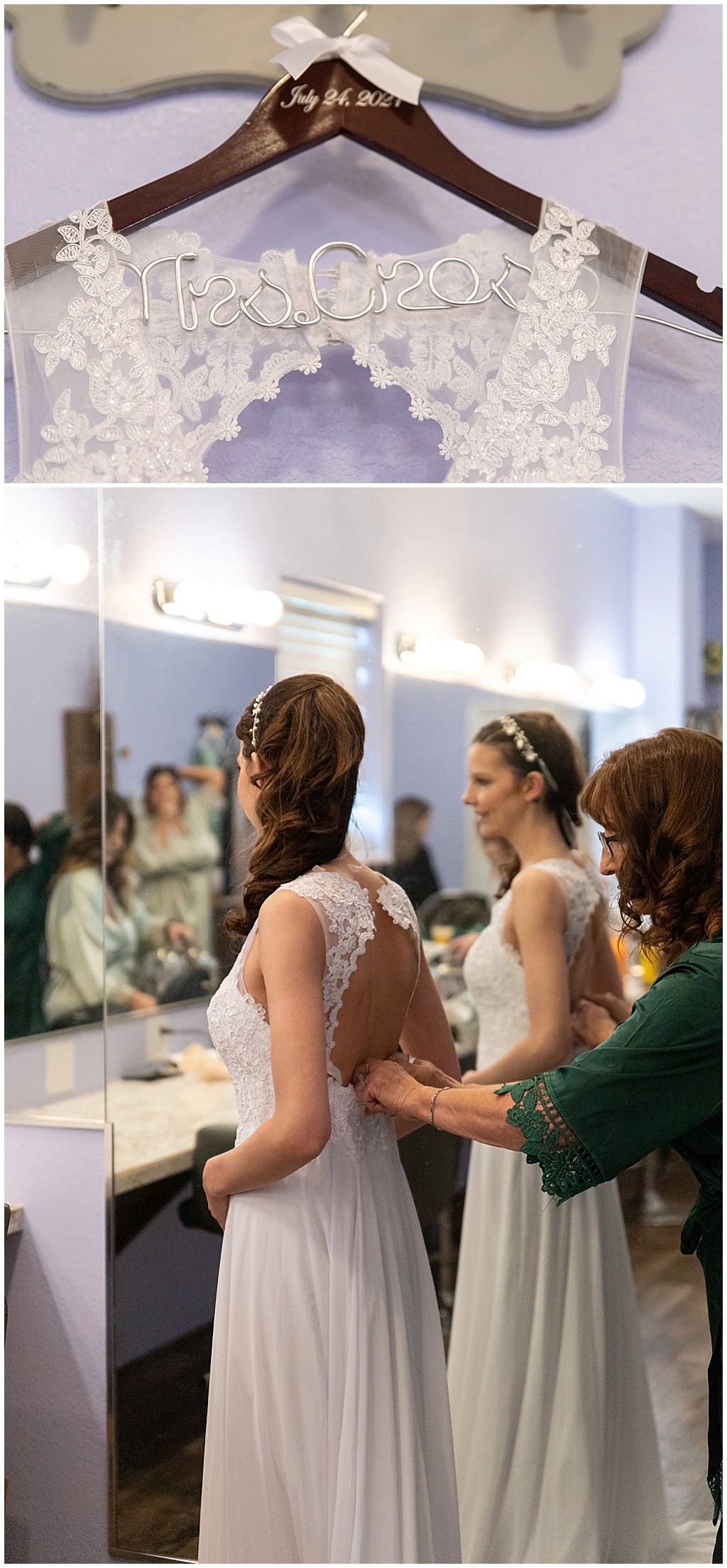wedding dress and bride getting ready