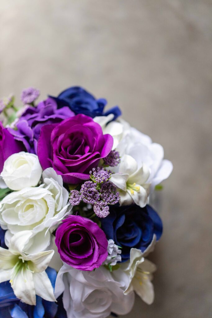 bouquet of purple blue and white flowers